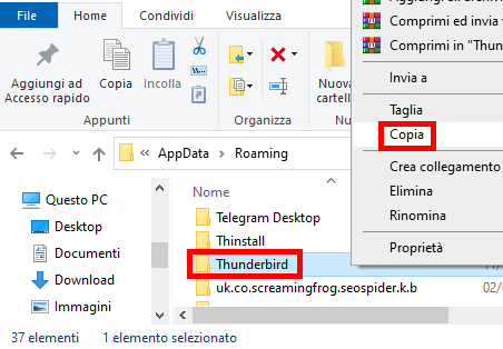 thunderbird esportare account